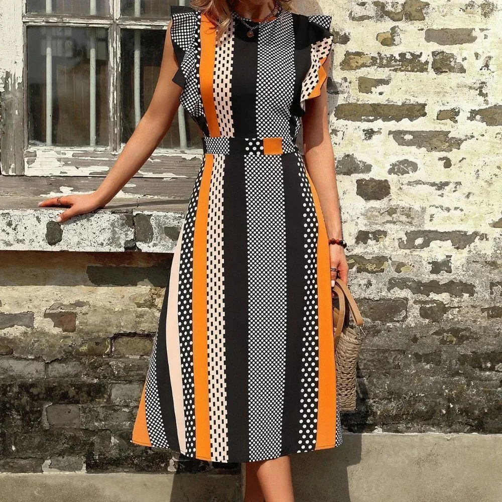 Multicolor Boho womens Polka Dot & Geo Print Ruffle Trim Dress - Picture 4 of 5